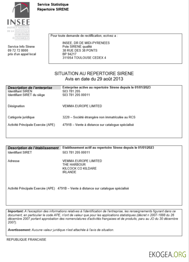 Modèle Word et PDF d'attestation d'immatriculation INSEE France